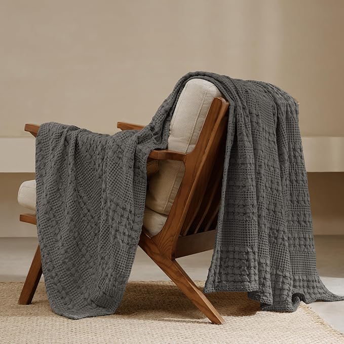 PHF 100% Cotton Waffle Weave Throw Blanket, Soft Lightweight Breathable Cozy Summer Throws for Couch Bed Sofa, Luxury Aesthetic Woven Blanket for Home Decor & Office, 50"x60", Charcoal Grey-Ruum Studio Home