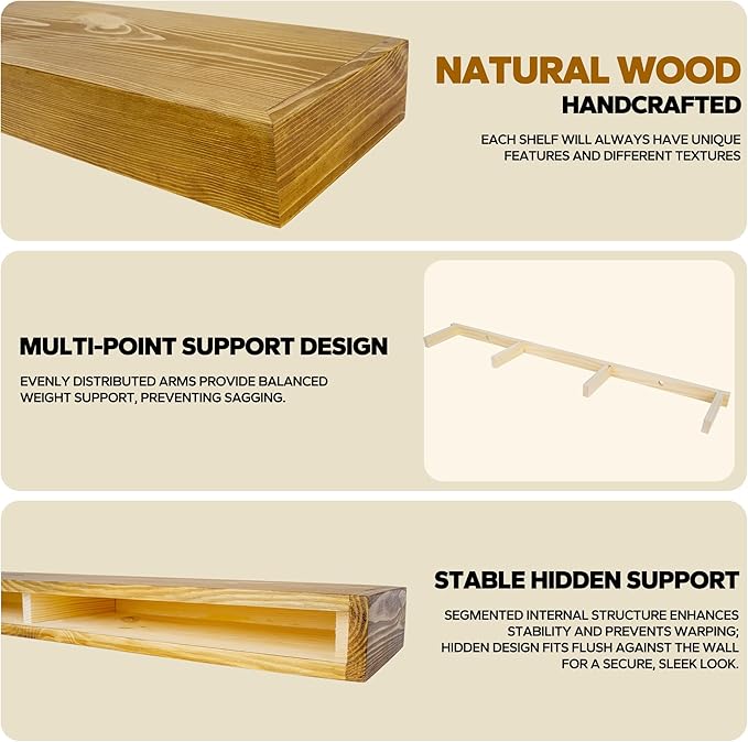 Floating Shelves 3 inch Thick for Wall Set of 2,Solid Pine Wood Wall Mount Shelf for Kitchen Living Room Bedroom Bathroom,8" D x 48" L x 3" H-Gold Oak-Ruum Studio Home