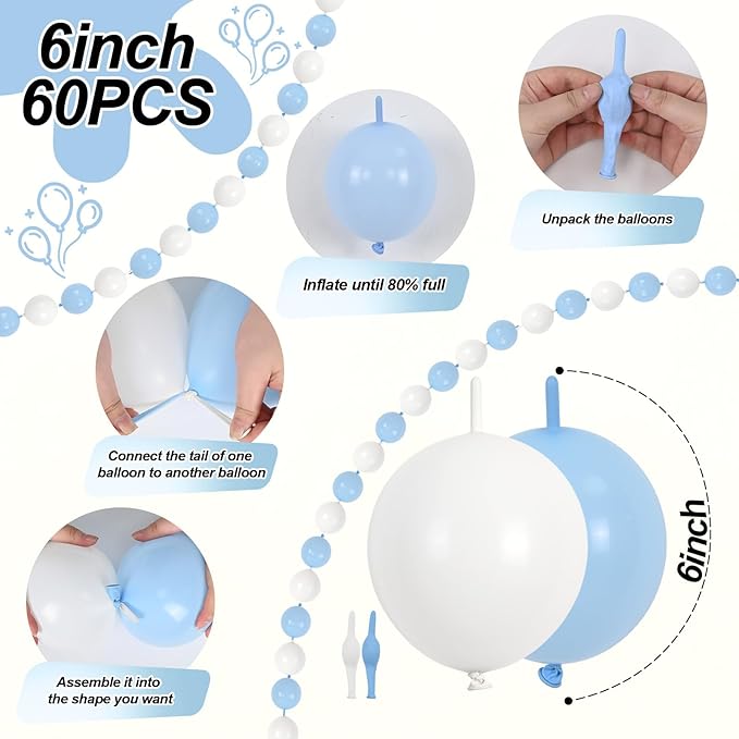 Blue and White Link Balloons, 60PCS Baby Light Blue White Linking Balloons with Tail for Making Balloon Wall Arch and Chains, Quick Balloon for Wedding Birthday Baby Shower Party Decorations (6inch)-Ruum Studio Home