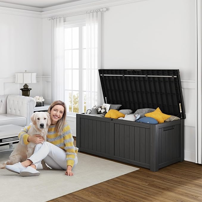 120 Gallon Resin Deck Box, Lockable Patio Outdoor Storage Box for Furniture, Garden Tools and Tools Storage, Waterproof Outside Storage Boxes - Black-Ruum Studio Home