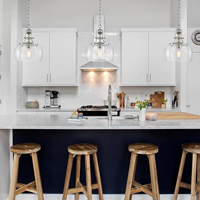 WUZUPS Chandelier Rustic Farmhouse Industrial Round Ceiling Pendant LED Light Fixture with Clear Glass Shades for Dining Room Kitchen Island Foyer Entryway, H 13" x W 10", E26 Base, Brushed Nickel-Ruum Studio Home