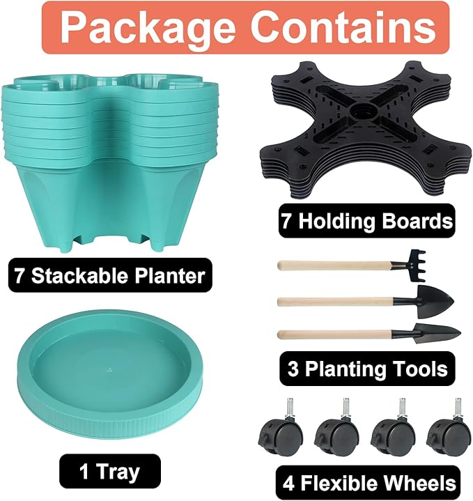 Vertical Planter 7 Tier Stackable Planters Garden Planters Strawberry Herb Flower and Vegetable Planter Indoor Outdoor Gardening Pots with Removable Wheels and Tools-Ruum Studio Home