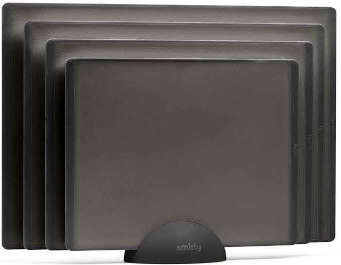 SMIRLY Plastic Cutting Board Set with Holder 4 Pieces, Non-Slip Dishwasher Safe Chopping Boards for Kitchen, Dark Grey-Ruum Studio Home