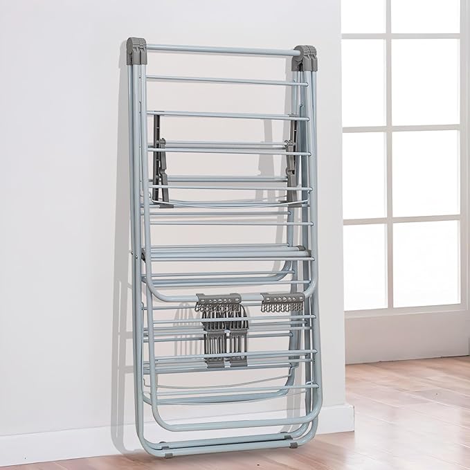 Large Capacity Double Drying Rack, Folding Rustproof Drying Rack with Non-Slip Clips and Drainage Shoe Rack, Height Adjustable, Airy and Quick Drying, Suitable for Balcony and Outdoor Use-Ruum Studio Home