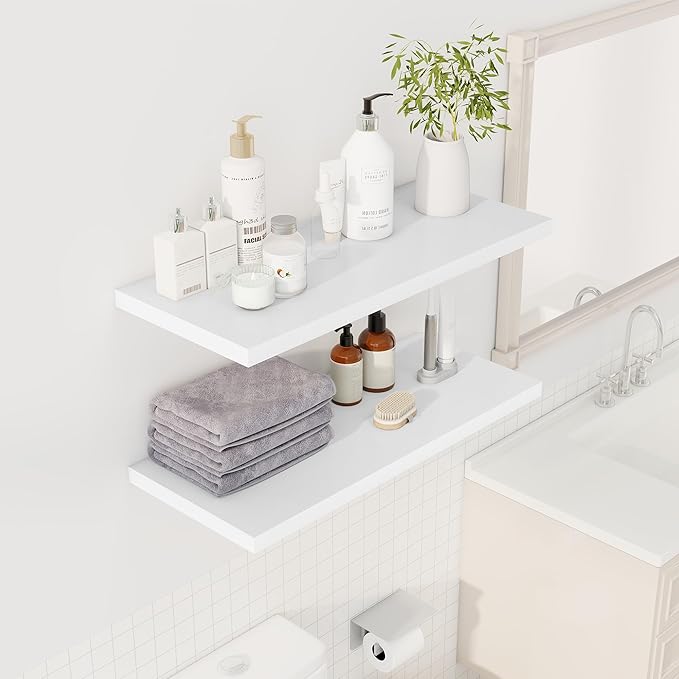 32" Floating Shelves for Wall, 12" Deep Slim White Floating Shelves, Wall-Mounted Shelves for Bedroom, Living Room, Kitchen, Bathroom - Set of 2-Ruum Studio Home