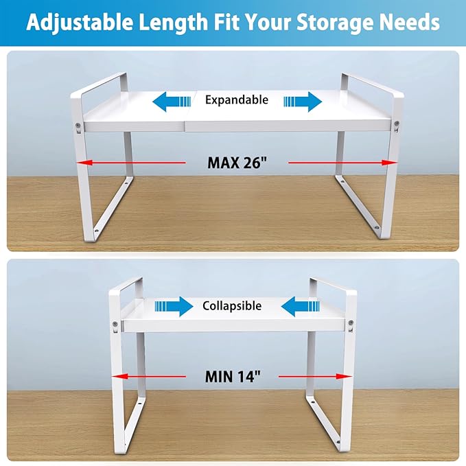 9'' Wide Expandable Cabinet Shelf Organizer Rack Adjustable Length 14''-26'' Pantry Shelf Spice Rack Heavy Duty Nonslip Kitchen Counter Storage Shelves Pantry Cupboard Under Sink Countertop White-Ruum Studio Home