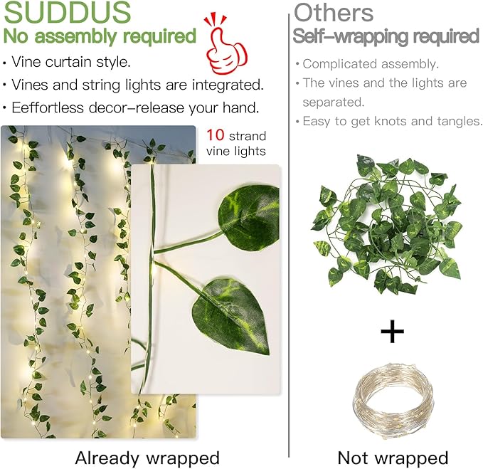 suddus Vines with Lights, 200 LED Fairy Lights with Vines, Pothos Curtain String Lights with Remote for Bedroom, Dorm, Wedding, Party, Wall, Indoor, Outdoor Decor, 6.5ft x 6.5ft-Ruum Studio Home