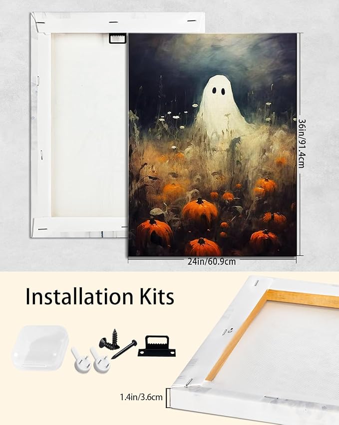 Halloween Canvas Wall Art, Spooky Ghost in Pumpkin Patch Poster, Vintage Gothic Fall Decor, Dark Academia Fall Decor for Living Room, Framed Indoor Halloween Decorations-Ruum Studio Home