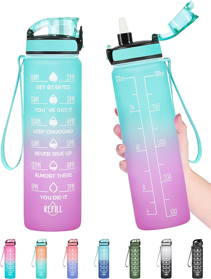 Enerbone Water Bottle, Leakproof BPA & Toxic Free, Motivational Water Bottle with Times to Drink and Straw, Fitness Sports Water Bottle with Strap for Office, Gym, Outdoor Sports-Ruum Studio Home