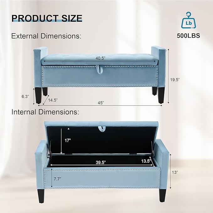 Storage Ottoman Bench, Velvet Upholstered Footstool for Bedroom and Living Room, Tufted Seat with Storage, Wooden Legs & Metal Rivets, Light Blue-Ruum Studio Home