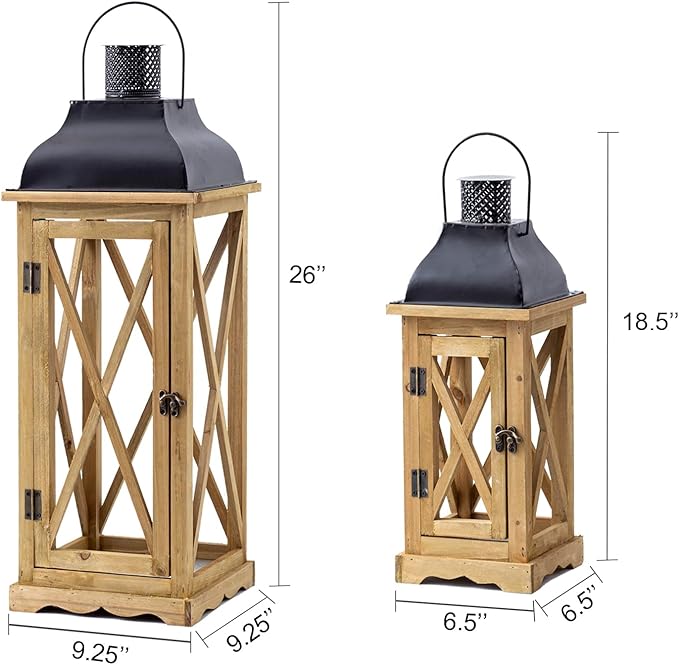 Farmhouse Wooden Metal Candle Lantern Set of 2, Rustic Large Decorative Floor Lanterns, Indoor/Outdoor Hurricane Lantern for Home Decor (No Glass)-Ruum Studio Home