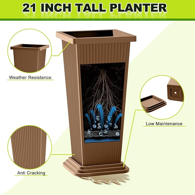 FENCY Set of 2 Tall Planters for Outdoor Plants, 24 Inch Large Tapered Pots with Drainage Trays, Weather-Resistant Plastic Plant Containers for Patio, Porch, Garden, Front Door Decor,Brown, Striped-Ruum Studio Home