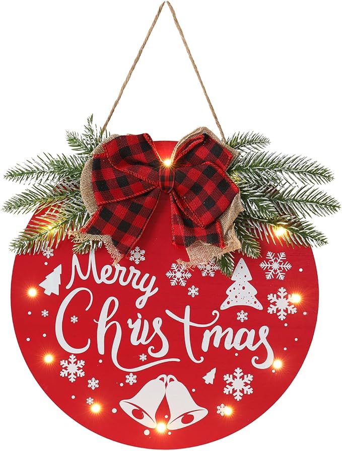 HOMCDALY Merry Christmas Welcome Sign for Front Door, Red X-mas Sign with Light, Holiday Door Decoration Wooden Hanging Sign, Christmas Decoration, Wall Art, Wall Decor(Red)-Ruum Studio Home