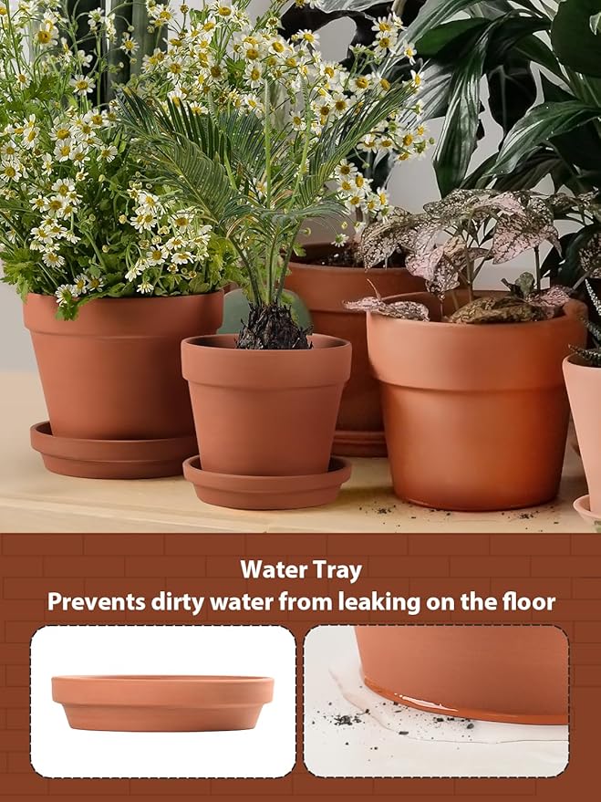 INGOFIN Terracotta Pots Set with Saucer - 5/6/7 inch Ceramic Clay Planters with Drainage Hole, Garden Flower Succulent Pots with Tray for Indoor Outdoor Plants, Set of 3-Ruum Studio Home