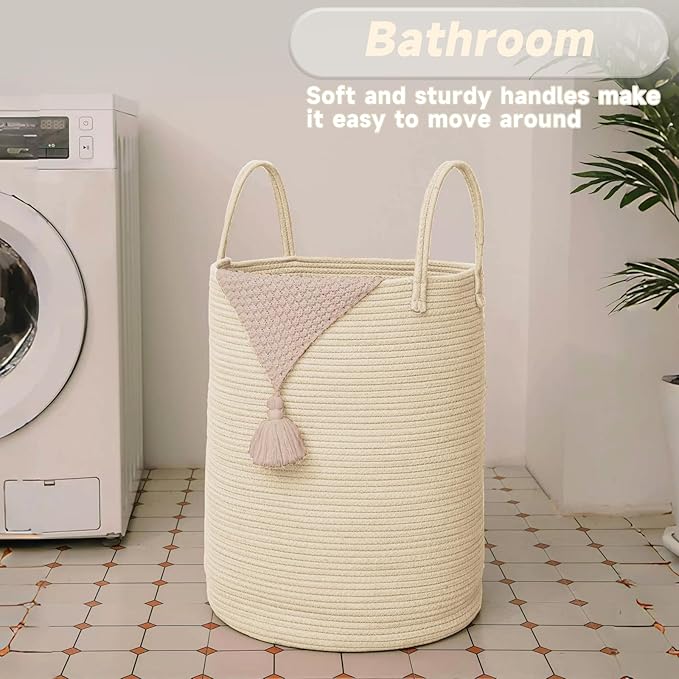 Large Woven Laundry Basket Hamper,80L Cotton Rope Storage Bin for Blankets,Toys and Clothes,Decorative Tall Nursery Hamper for Living Room,Baby Nursery,Bathroom and Bedroom,Beige-Ruum Studio Home
