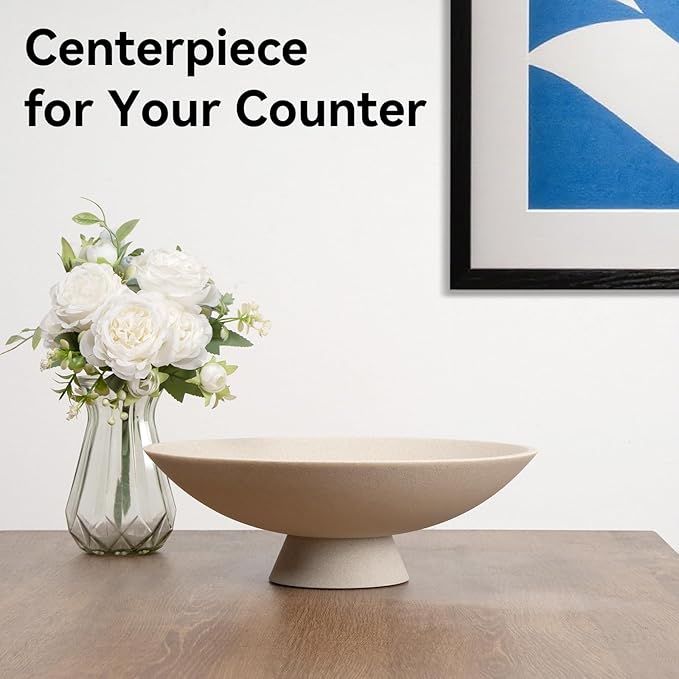 Decorative fruit bowl for Home Decor Large Modern Handicraft Key Bowl for Entryway Table Stylish Centerpiece Purse Bowl Pedestal bowl for Kitchen Counter Coffee Table(Artificial Stone Beige)-Ruum Studio Home