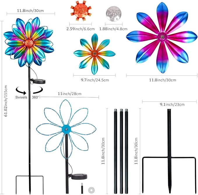 Flower Solar Wind Spinners- Metal Colorful Spinning Windmill Garden Ligths with LED Outdoor Decorative Stake Lighting Waterproof Flower Sculpture for Patio Yard-Ruum Studio Home