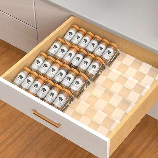 4-Tier Non-Slip Spice Drawer Organizer, 4-Pack Checkered Frosted Clear Acrylic, Expandable (11''-22'') Spice Rack for Kitchen Drawer Storage – Holds Seasonings, Herbs, and Spices (Jars Not Included)-Ruum Studio Home