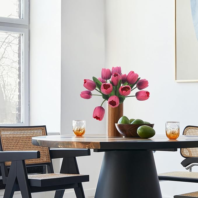 Deep Pink Artificial Tulips, 2 Bundles 14Pcs, Fake Tulips Artificial Flowers, 2 x 2.4 Inch Large Flower Head Big Tulip, Easter Valentine's Day Mother's Day Home Decoration Flowers-Ruum Studio Home