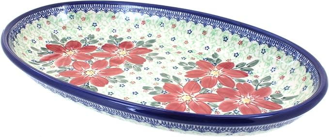 Blue Rose Polish Pottery Pointsettia Oval Platter-Ruum Studio Home