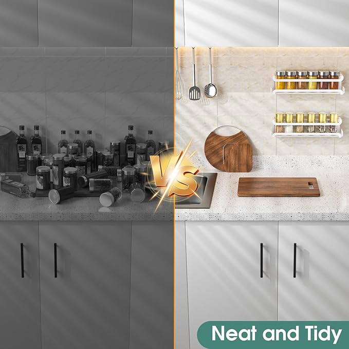 LUCYCAZ 2 Pack Wall Mounted Spice Rack with 16 Hooks, Spice Organizer Shelf for Stove Cabinet Pantry Door,Screw or Adhesive Spice Shelf Hanging Wall Spice Rack in Kitchen and RV (White, 2 PACK)-Ruum Studio Home