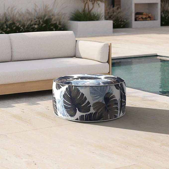 Inflatable Ottoman Stool D21 xH9 for Outdoor/Indoor Use, Water Repellent Patio Foot Rest Stool with Portable Handle,Round Pouf Ottoman Suitable for Garden,Deck and Camping - Monstera Blue-Ruum Studio Home