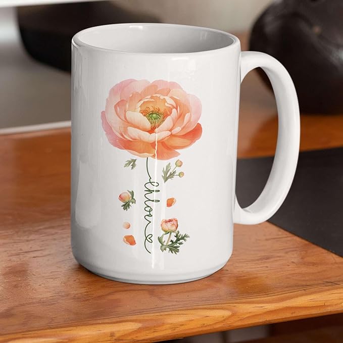 Ranunculus Lover Accent Mug, Novelty Flower Themed Coffee Cup 11oz 15oz, Customized Ranunculus Floral Mug With Name, Personalized Flower Decorative Cup, Gift For Birthday-Ruum Studio Home