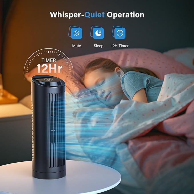 Tower Fan Bladeless with 3 Speeds, 4 Mode [AI, Normal, Natural, Sleep], Table Fan 80° Oscillation, Touch Screen + Remote Control, 12H Timer, 13" Desk Fan for Bedroom Home Office Desktop-Black-Ruum Studio Home