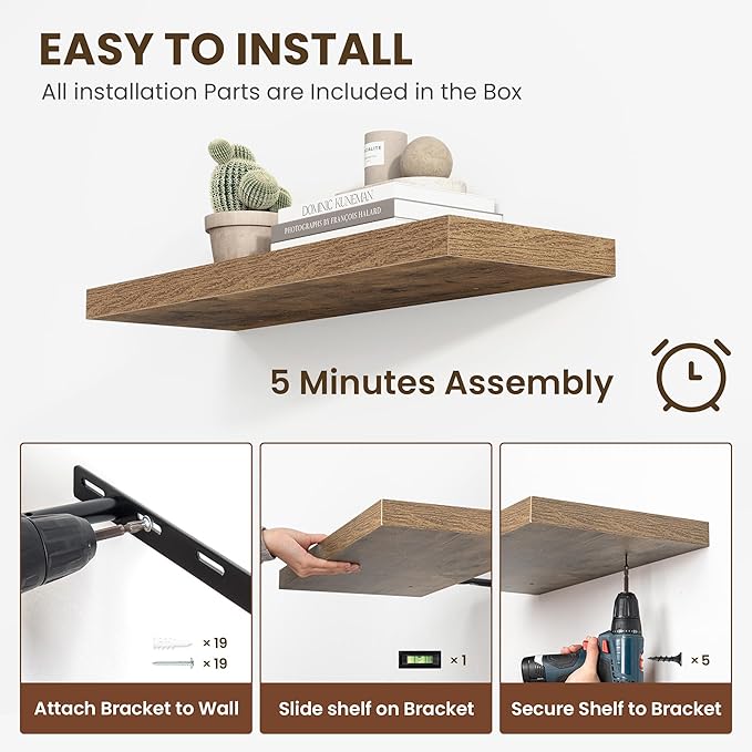 55 Inch Floating Shelves, 12 Inch Deep Floating Shelves for Wall, Floating Shelf with Invisible Brackets, Deep Shelves for Bathroom, Bedroom, Living Room, 1 Pack, Brown-Ruum Studio Home