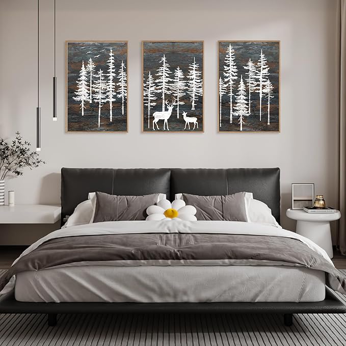 Modern White Forest Framed Canvas Wall Art Set, Minimalist Woodland Art Painting, Retro Tree Landscape Wall Decor, Wildland Deer Artwork for Living Room, Dining Room, Office - 16"x24"x3-Ruum Studio Home