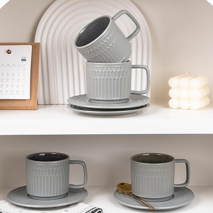 Large Cappuccino Cups with Saucers Set of 4, 8 Ounce Stackable Embossed Ceramic Coffee Mugs for Specialty Coffee Drinks, Latte, Cafe Mocha and Tea, Dishwasher & Microwave Safe (Grey)-Ruum Studio Home