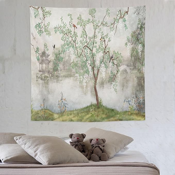 HZOHNAGO Japanese Tapestry Tree Misty Garden Lake Printed Wall Tapestry Ink Painting Wall Hanging for Bedroom Living Room Dorm 60" W x 60" H-Ruum Studio Home