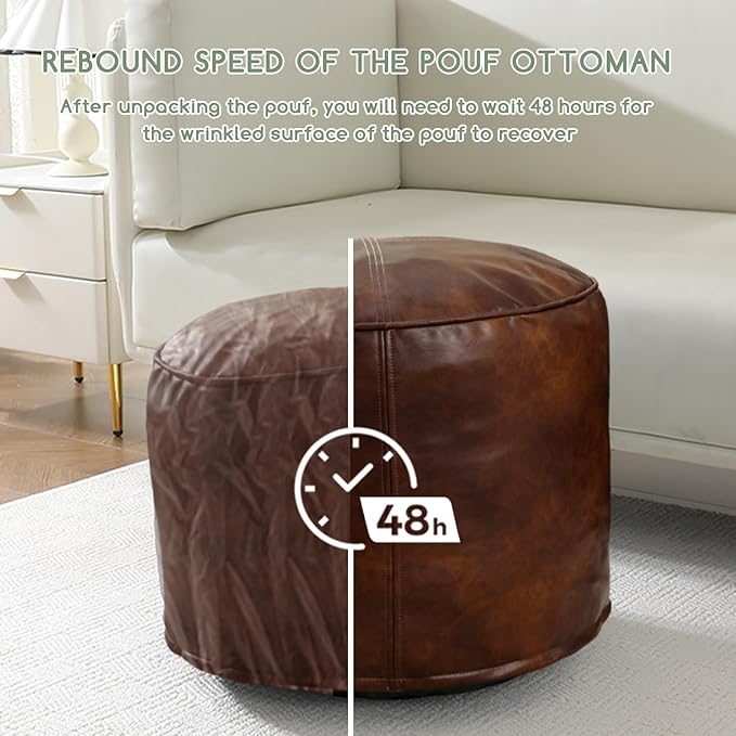 HIGOGOGO Round Stuffed Pouf Ottoman, Pu Leather Poufs with Foam Chunk Filling, Furry and Fluffy Pouf Foot Stool Storage Ottoman, 26 X 18 Floor Poufs Foot Rest for Living Room,Dark Brown-Ruum Studio Home