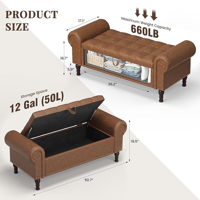 51" Storage Ottoman Bench for Bedroom, Full Queen Storage Bench with Button, Upholstered Bedroom Bench with Rolled Arms for Living Room, Storage Room, Entryway, Brown-Ruum Studio Home