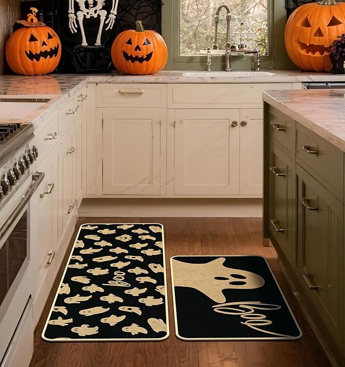 Halloween Kitchen Mat Set of 2, Ghosts Boo Halloween Kitchen Decor, Halloween Rug for Floor, Indoor Spooky Home Decor with Non-Slip Backing,17 x 29 Inch & 17 x 47 Inch-Ruum Studio Home