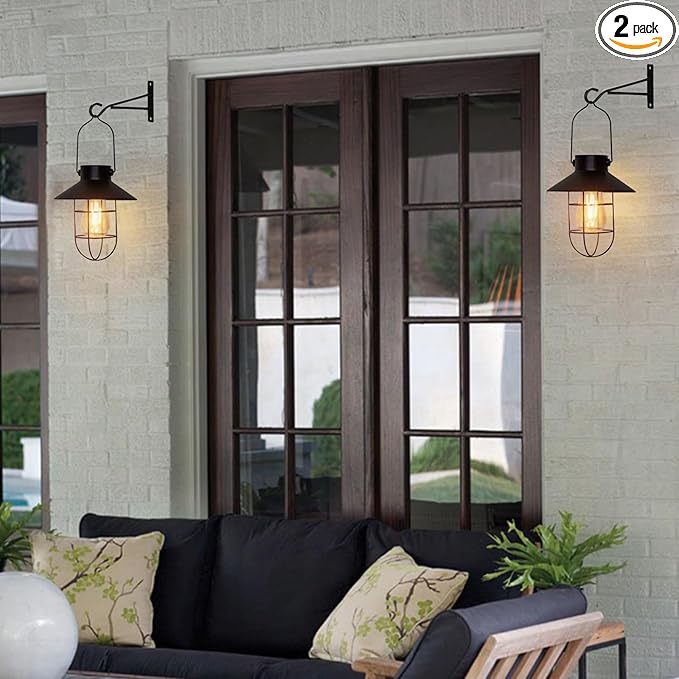 pearlstar Solar Lantern Outdoor 2 Packs Hanging Light Metal Solar Lamp with Warm White Edison Bulb Design for Garden Yard Patio Proch Decor(Black)-Ruum Studio Home