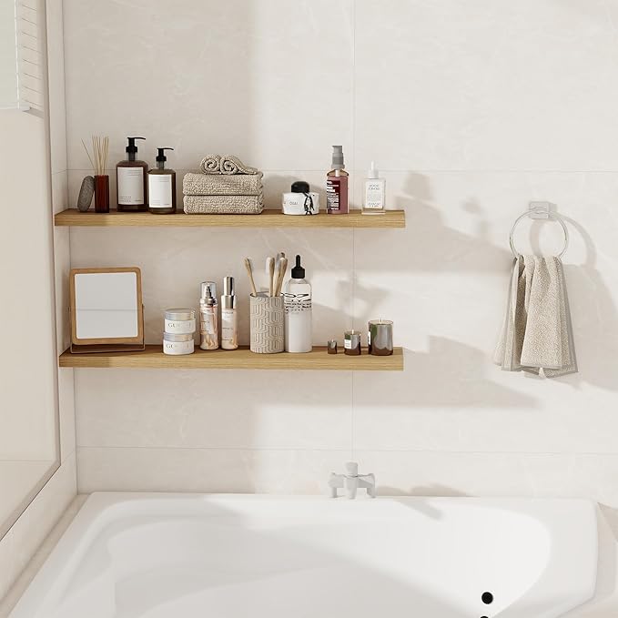 Fun Memories Floating Shelves for Wall, 36" Rustic Wood Deep Wall Mounted Shelves with Invisible Brackets for Decor & Storage, Floating Shelf for Living Room, Bathroom (Oak, Set of 2)-Ruum Studio Home