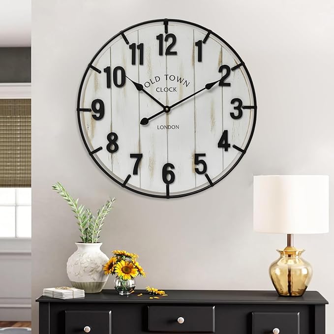 Large Old Town Farmhouse Wall Clock – 24 Inches Rustic Antique Wood with Metal Circle and Large Numerals, Silent Battery Operated Clock for Office, Kitchen, Bedroom, Living Room (Washed White)-Ruum Studio Home