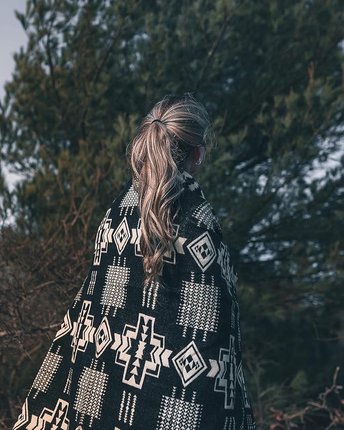 Inca Aztec Throw, Queen, King Blanket | Southwest Indian Navajo Boho Style | Native Cover for Camping, Bedding, Couch, Vanlife | Faux Alpaca, Lightweight, Hypoallergenic (Obsidian Black, King)-Ruum Studio Home