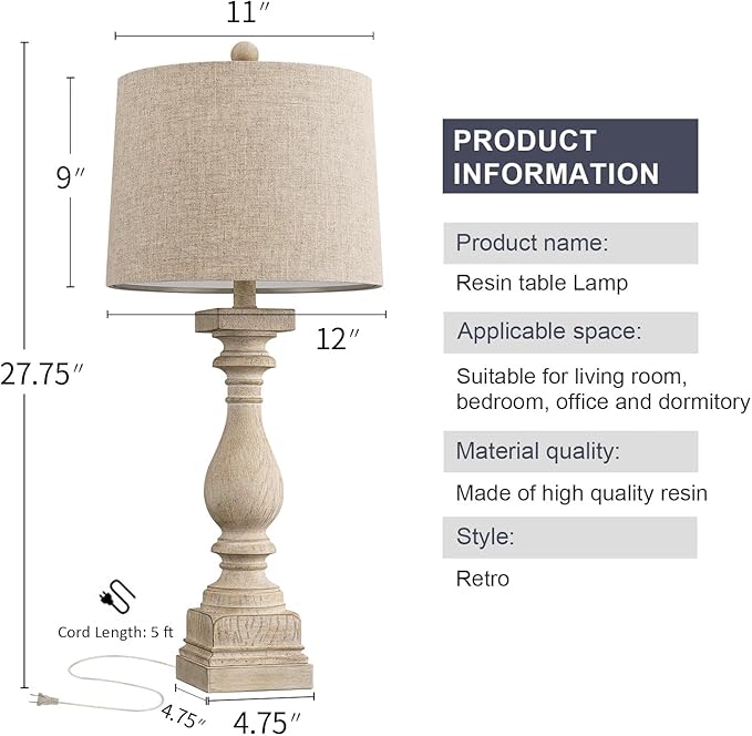 BOBOMOMO Retro 27" USB Charging Ports A/C Wash-White Farmhouse Lamps for Bedrooms Side Table Lamps Bedside Lamp for Nightstand Living Room 1 Pack-Ruum Studio Home