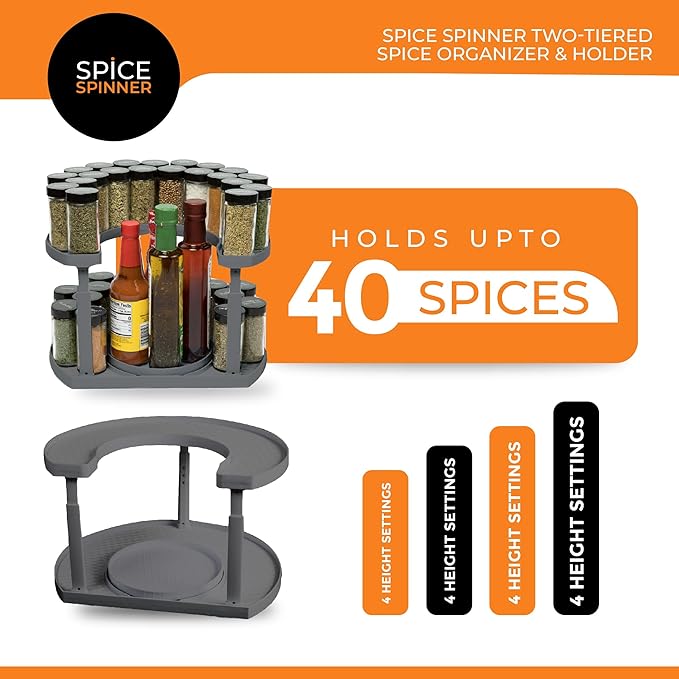 2-Tier Spice Rack Organizer for Cabinet | Rotating Lazy Susan Spice Organizer Holds 40 Spice Jars | Countertop & Pantry Spice Shelf for Kitchen Organization & Storage (Gray)-Ruum Studio Home