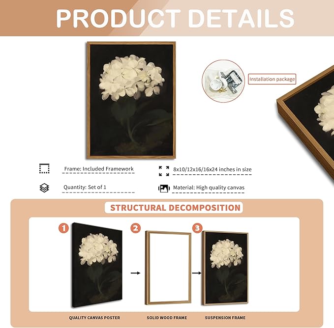 Framed Wall Art for Living Room – Vintage White Hydrangea Oil Painting Canvas Prints, Aesthetic Bedroom Wall Art, Kitchen Decor for Shelves, Bathroom Office Artwork Wall Decor – 16x24in-Ruum Studio Home