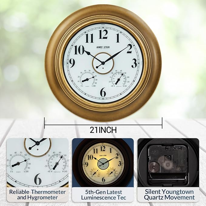 ANDY STAR 21 Inch Outdoor Clocks Waterproof, Large Outdoor Wall Clocks for Patio with Thermometer, Weatherproof Illuminated Clock Battery Operated with Thermometer&Hygrometer, Gold Metal Finish-Ruum Studio Home