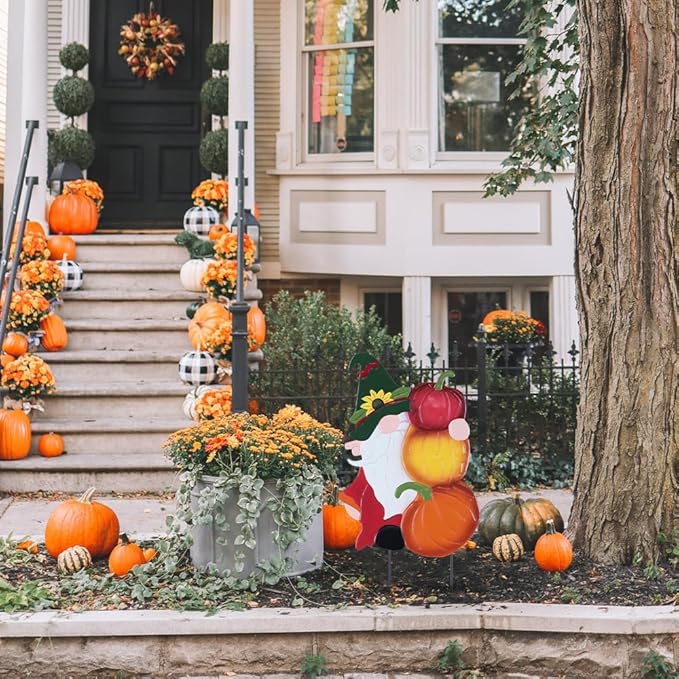 YEAHOME Fall Decorations Outdoor, Metal Gnome with Pumpkin Decorative Garden Stakes for Fall Decor, Autumn Yard Signs for Home Outside Garden Lawn Porch, Thanksgiving Decorations Outdoor (YHMD-476)-Ruum Studio Home