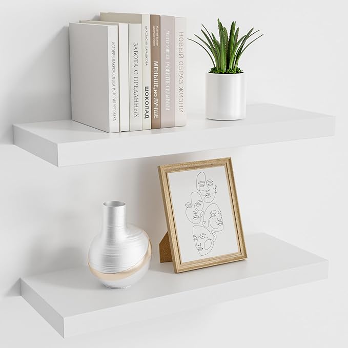 Floating Wood Shelves for Wall 16 Inches x 8”x 1.4” Shelf Floating Home Decor, Heavy Duty Shelf Hold 35 lbs, Wall Shelves for Bathroom Living Room Kitchen Bedroom Office - Set of 2 White-Ruum Studio Home