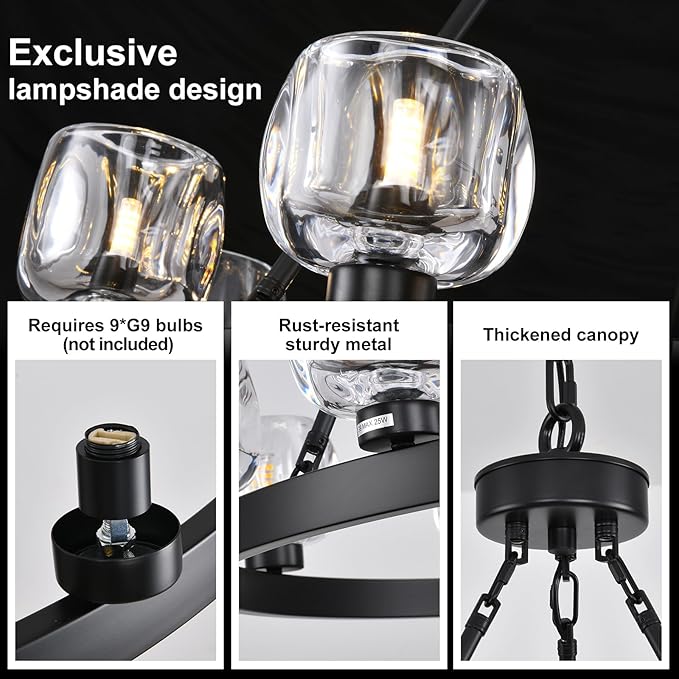 Black Wagon Wheel Chandelier, 36 Inch Black Chandeliers with Unique Glass Shade, 9-Light Crystal Farmhouse Wagon Wheel Chandeliers for Dining Room, Round Chandelier for Living Room, Foyer, Entryway-Ruum Studio Home