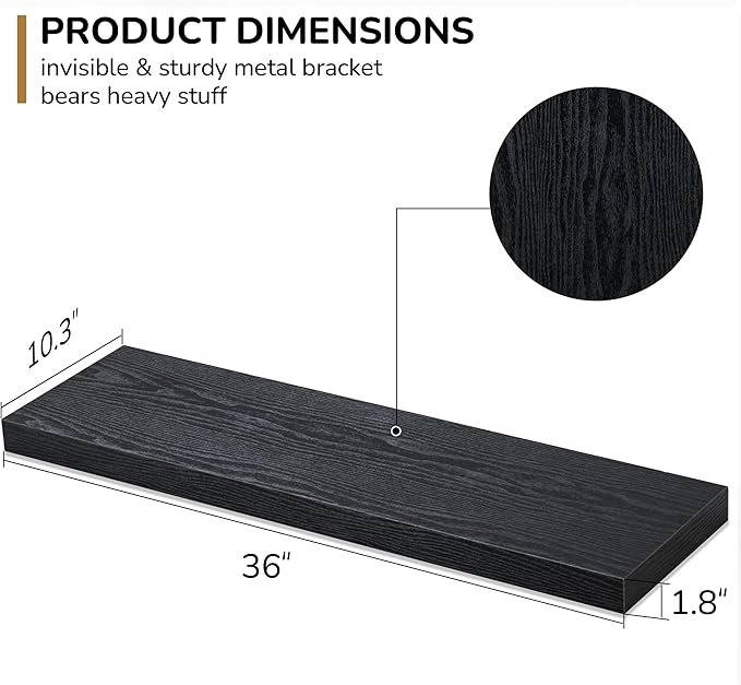 Floating Shelves - 10.3 Inch Deep Wall Shelf for Decor & Storage - Wall Mounted Display Shelving with Invisible Heavy-Duty Metal Bracket - 36" W x 10.3" D x 1.8" H - Set of 1 - Rustic Black-Ruum Studio Home
