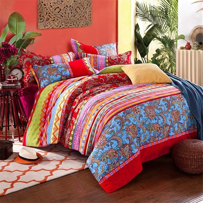 ABREEZE Bohemian Duvet Cover Set Colorful Red Boho Retro Bedding Set Damask Paisley Cotton Duvet Cover Tribal Reversible Bedding Exotic Style Comforter Cover 3-Piece King-Ruum Studio Home