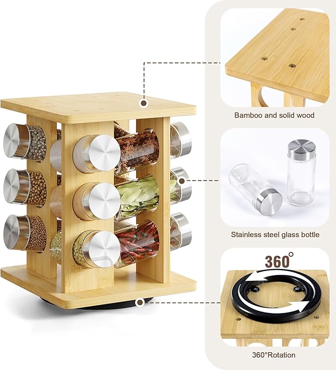 WelFurGeer Bamboo Spice Rack Organizer for Countertop, Revolving Spice Shelf with 12 Glass Jars, Lids & Labels, Desktop Rotating Seasoning Organizer for Kitchens, Space-Saving Design-Ruum Studio Home