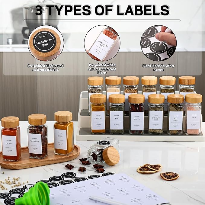 DIMBRAH Spice Jars with Label 24Pcs,Seasoning Containers,Glass Spice Jars with Bamboo Lids,Kitchen Essentials,Spices Container Set,Kitchen Set,Seasoning Organizer,Spice Rack Organizer for Cabinet-Ruum Studio Home